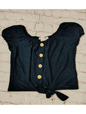 Love Squared Girls Navy Blue Eyelet Lace Top Size 8 Tie Front Short Sleeve Boho